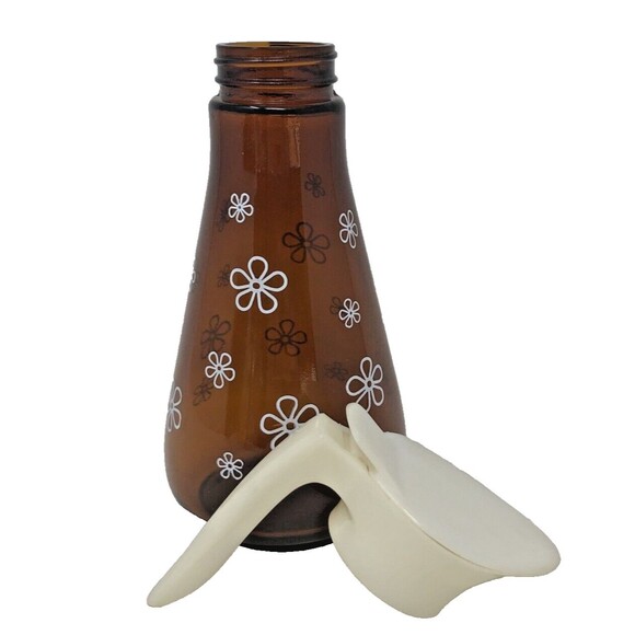 Thatcher Amber Glass Syrup Dispenser Daisy Flower Pattern Pitcher VTG 60's MCM - Picture 8 of 12